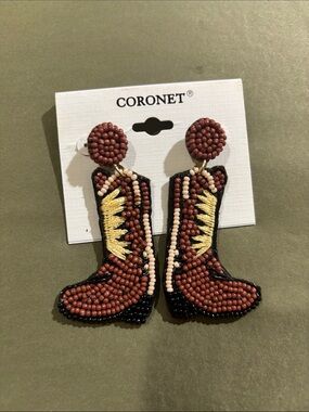 Coronet Brown Beaded Cowboy Boot Drop Earrings